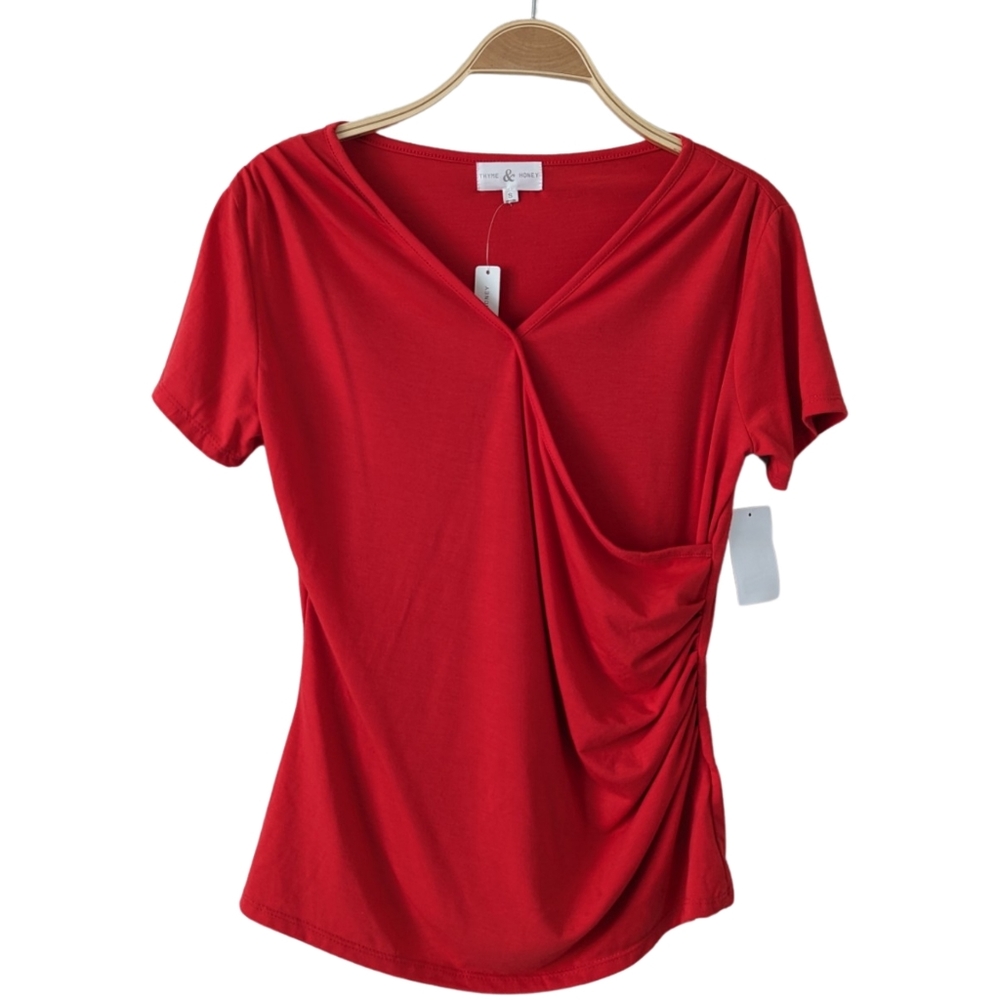 Thyme and Honey Womens Faux Wrap Short Sleeve Blouse Size Small Red
